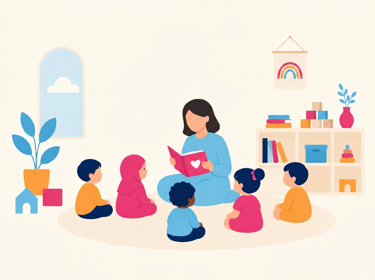 Nursery children sitting together at circle time listening to their teacher