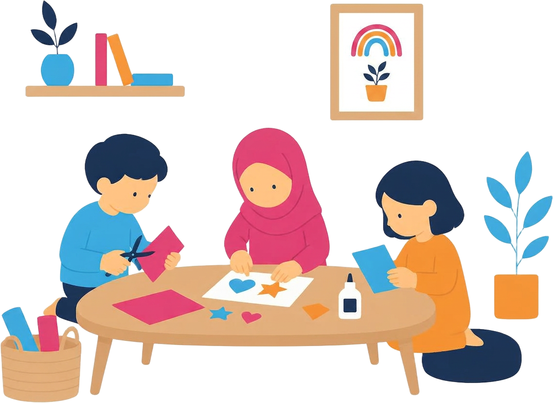 Children doing a colourful craft activity together at a nursery table